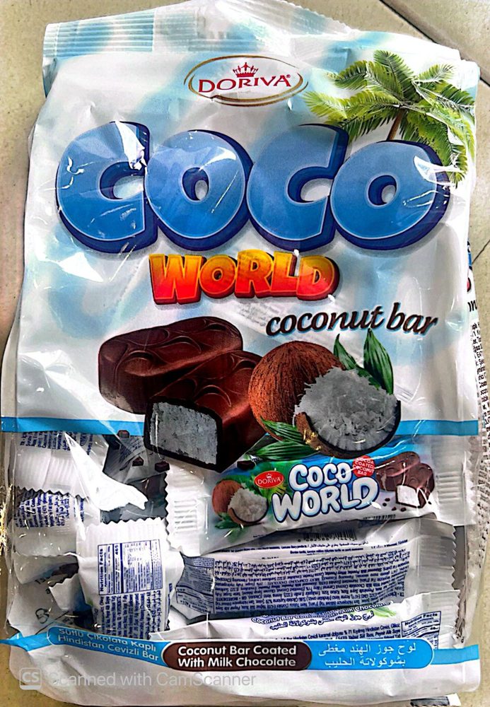 Coco World coconut bar coated in milk chocolate