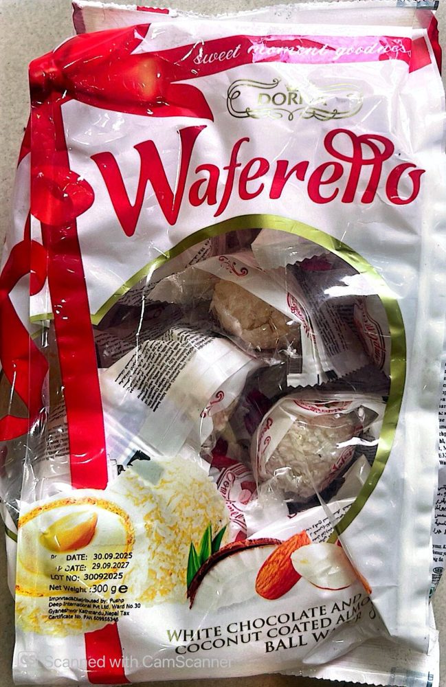 Waferello white chocolate and coconut coated almond ball wafer bag